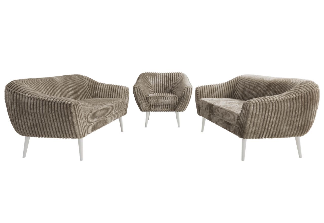 Zestaw PIRS 3+3+1 - jasnobrązowy, sztruks - nóżki,  biały