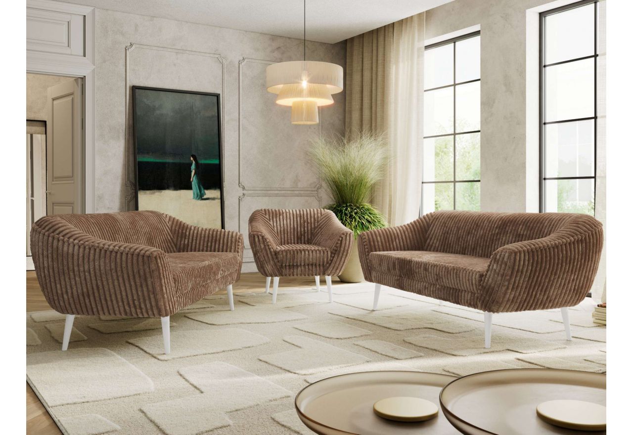 Zestaw PIRS 3+3+1 - brązowy, sztruks - nóżki,  biały