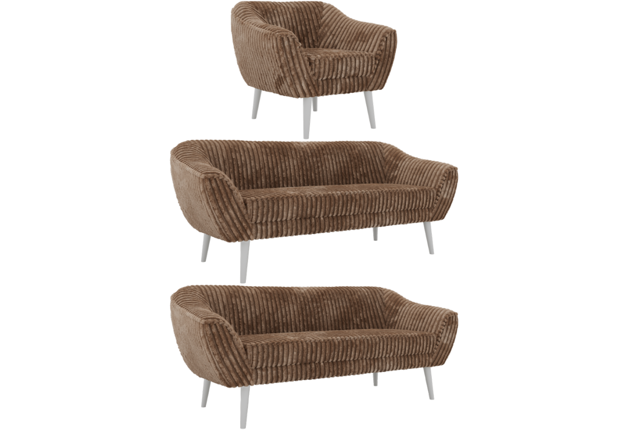 Zestaw PIRS 3+3+1 - brązowy, sztruks - nóżki,  biały