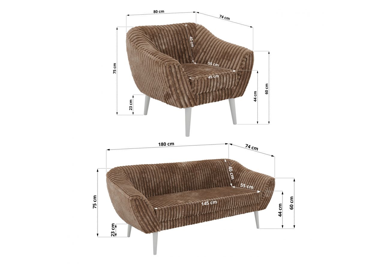 Zestaw PIRS 3+3+1 - brązowy, sztruks - nóżki,  biały