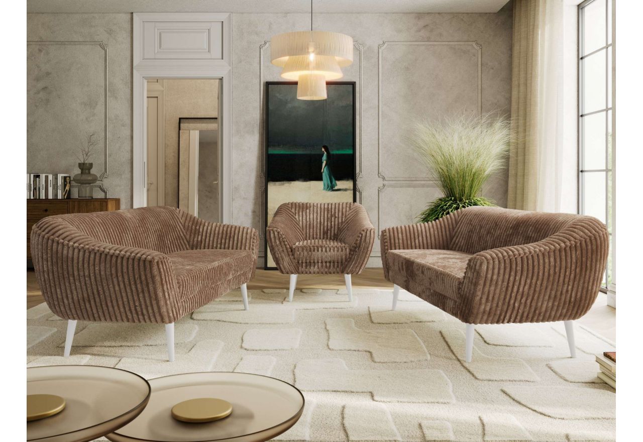 Zestaw PIRS 3+3+1 - brązowy, sztruks - nóżki,  biały