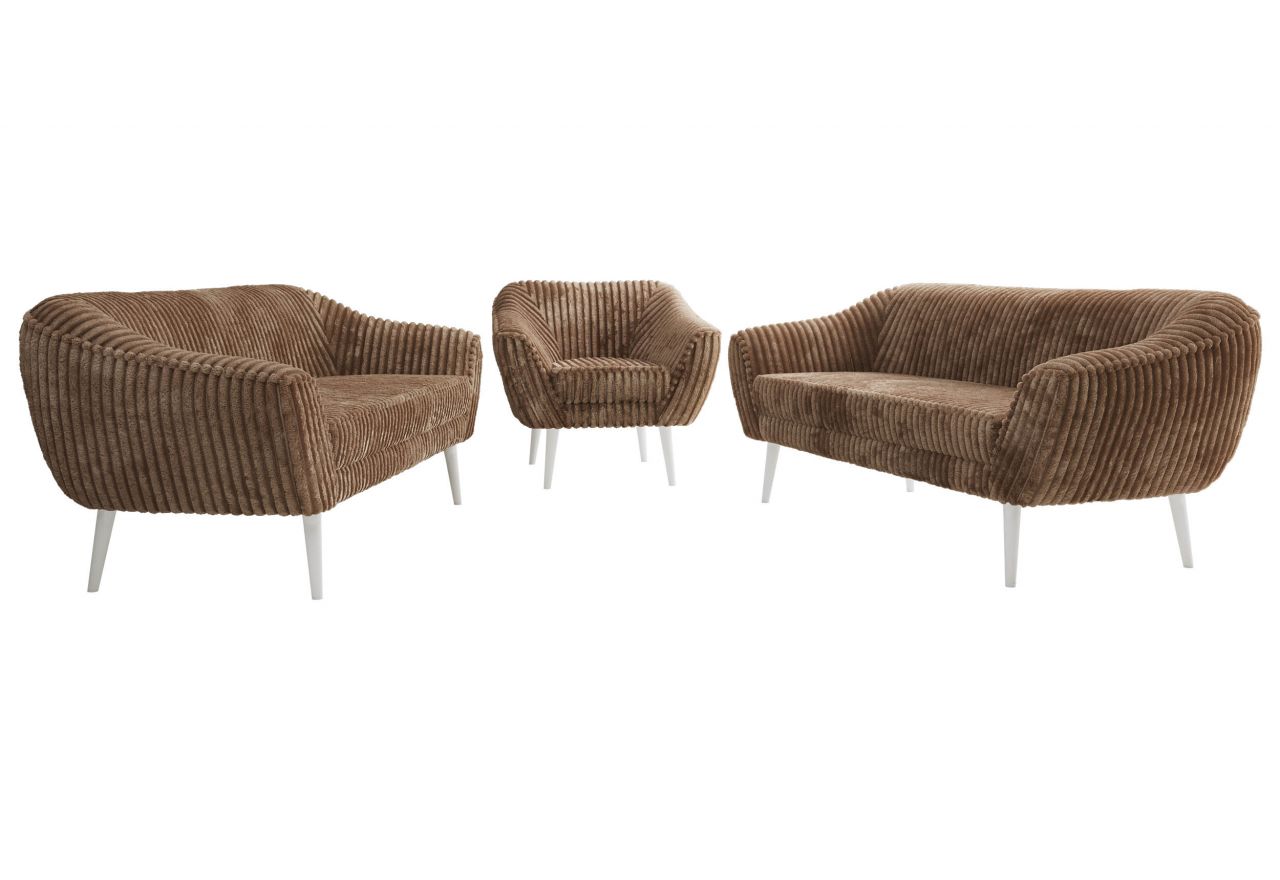 Zestaw PIRS 3+3+1 - brązowy, sztruks - nóżki,  biały