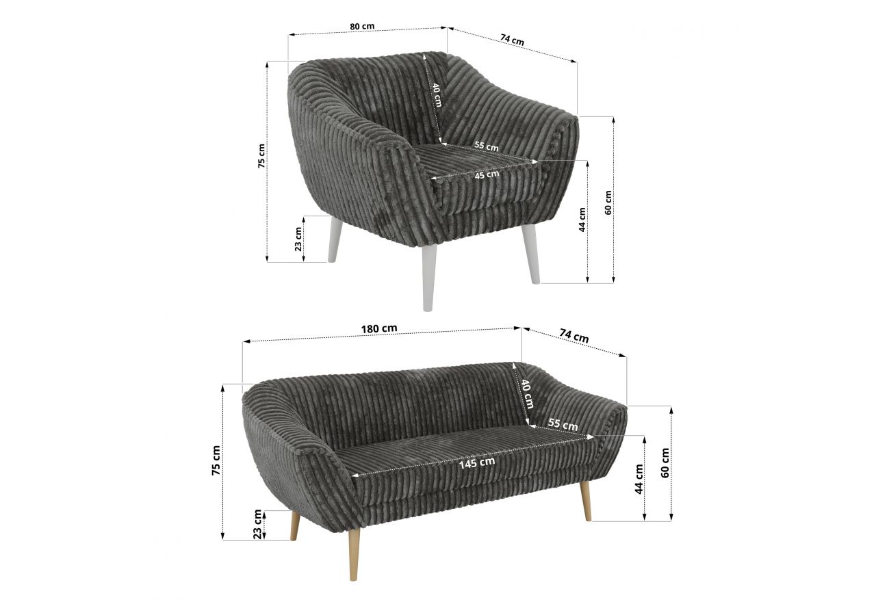 Zestaw PIRS 3+3+1 - szary, sztruks - nóżki,  biały