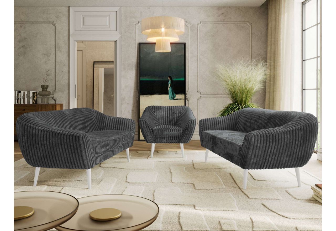 Zestaw PIRS 3+3+1 - szary, sztruks - nóżki,  biały