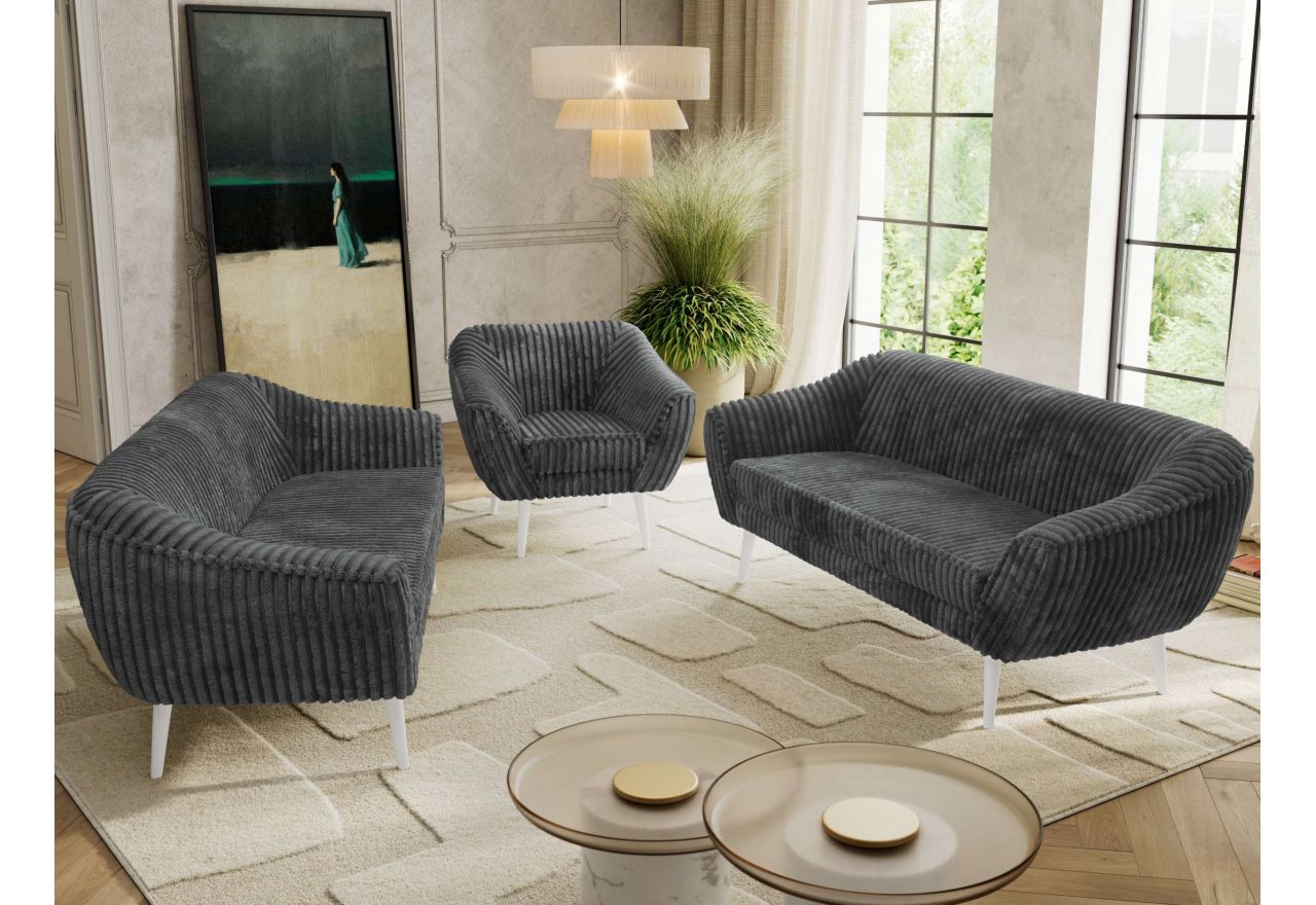 Zestaw PIRS 3+3+1 - szary, sztruks - nóżki,  biały