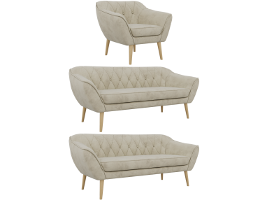 Zestaw PIRS 3+3+1 - kremowy, welwet - nóżki,  buk