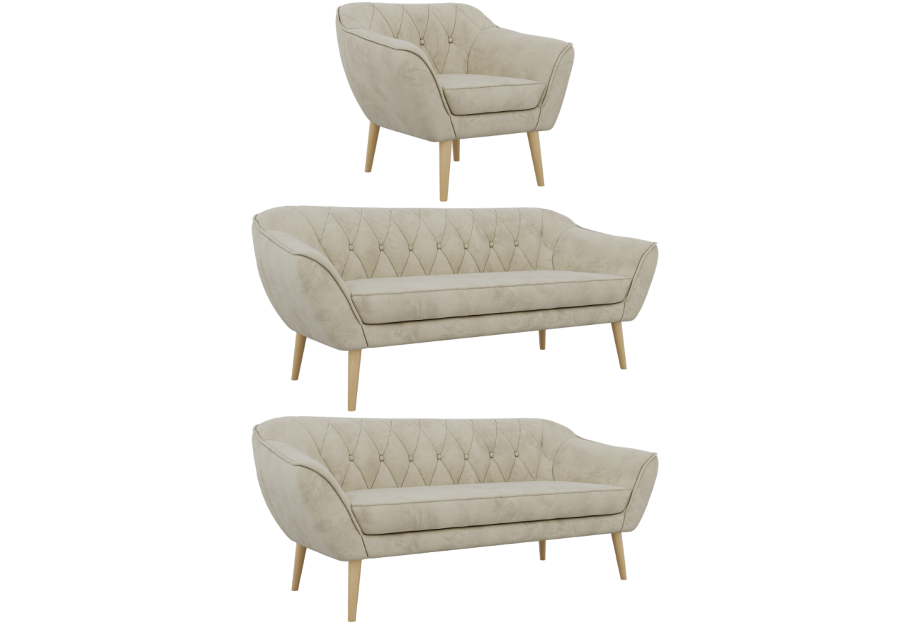 Zestaw PIRS 3+3+1 - kremowy, welwet - nóżki,  buk