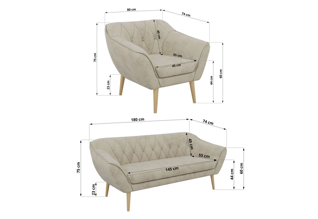 Zestaw PIRS 3+3+1 - kremowy, welwet - nóżki,  buk