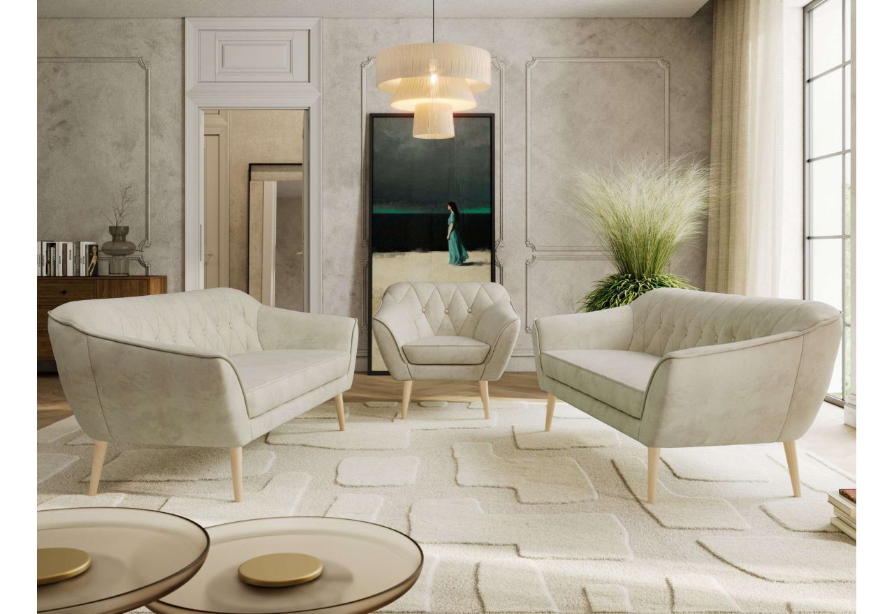 Zestaw PIRS 3+3+1 - kremowy, welwet - nóżki,  buk