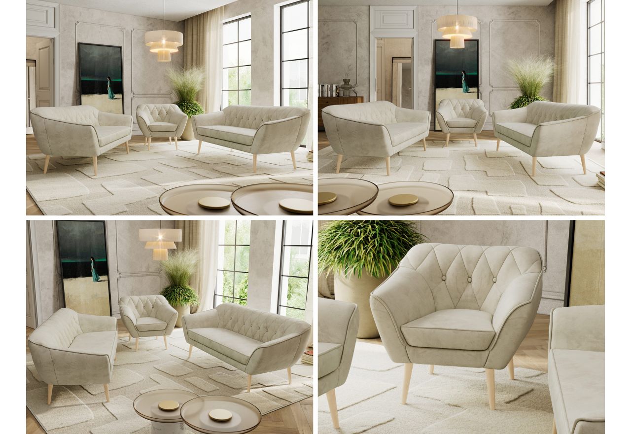 Zestaw PIRS 3+3+1 - kremowy, welwet - nóżki,  buk