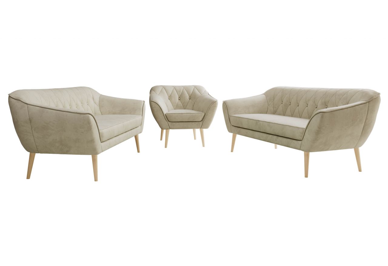 Zestaw PIRS 3+3+1 - kremowy, welwet - nóżki,  buk