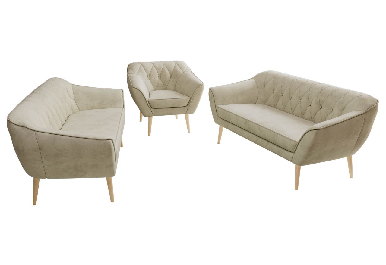 Zestaw PIRS 3+3+1 - kremowy, welwet - nóżki,  buk