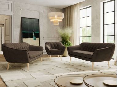 Zestaw PIRS 3+3+1 - brązowy, welwet - nóżki,  buk