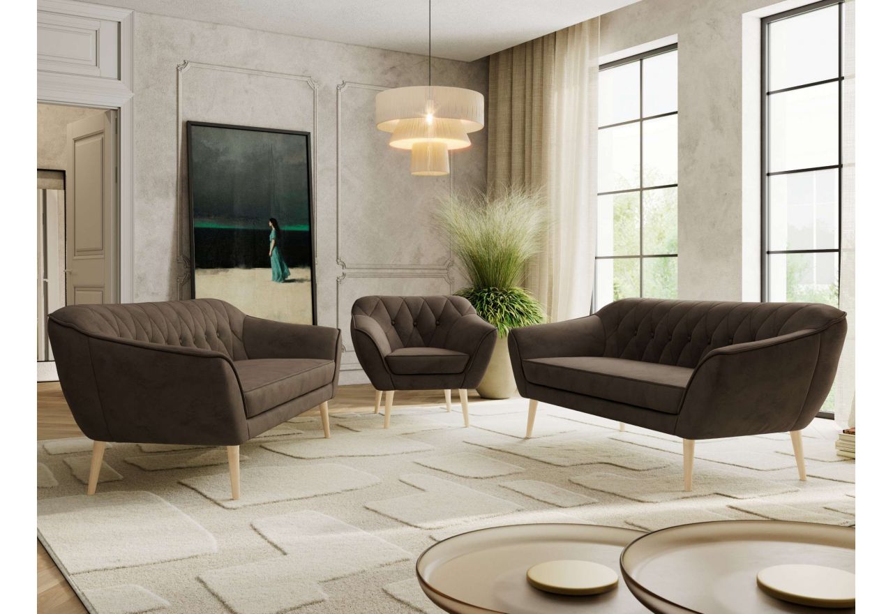 Zestaw PIRS 3+3+1 - brązowy, welwet - nóżki,  buk