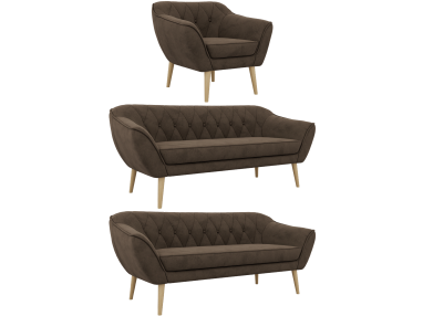 Zestaw PIRS 3+3+1 - brązowy, welwet - nóżki,  buk