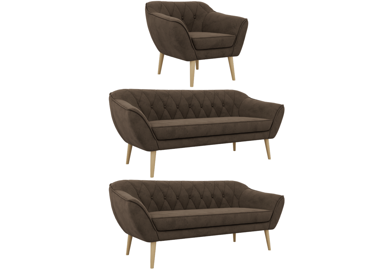 Zestaw PIRS 3+3+1 - brązowy, welwet - nóżki,  buk