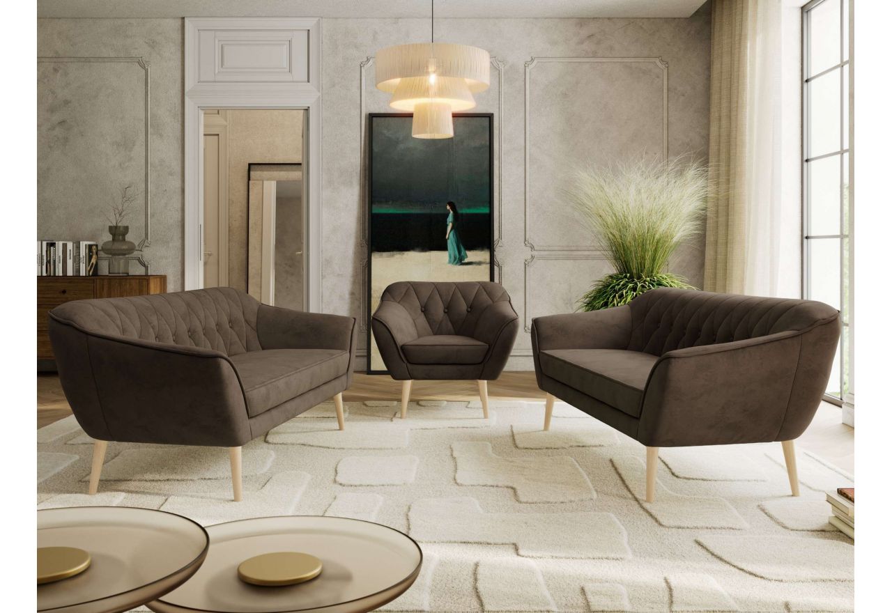 Zestaw PIRS 3+3+1 - brązowy, welwet - nóżki,  buk