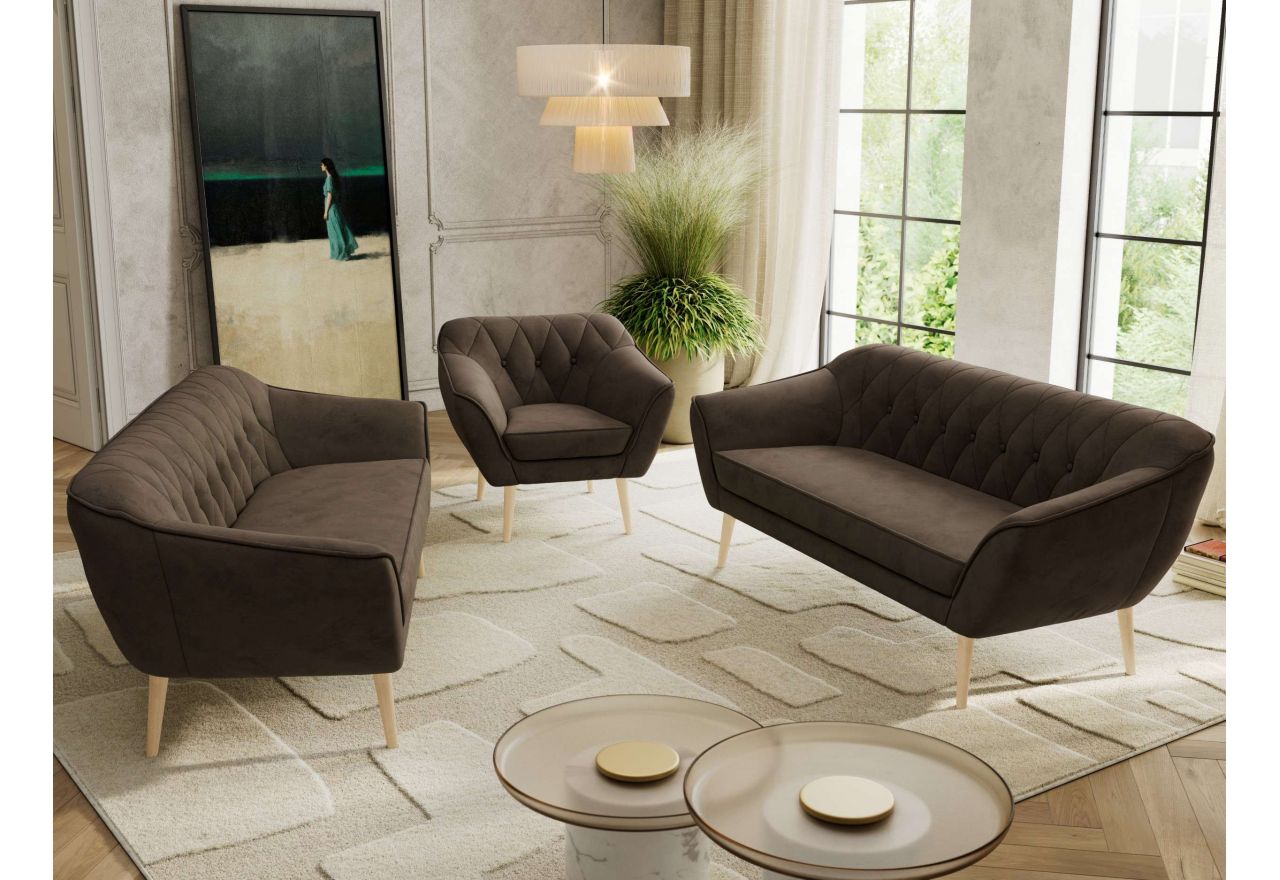 Zestaw PIRS 3+3+1 - brązowy, welwet - nóżki,  buk