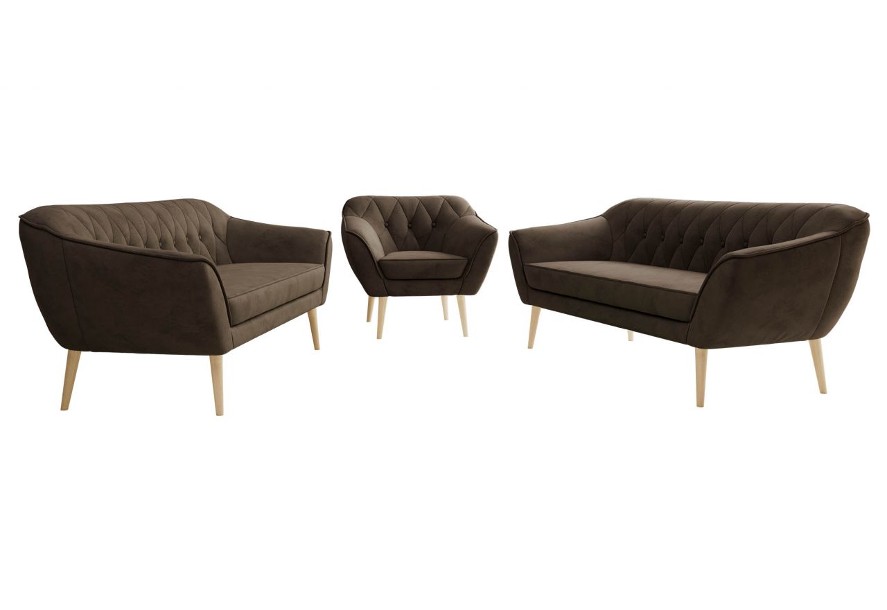 Zestaw PIRS 3+3+1 - brązowy, welwet - nóżki,  buk