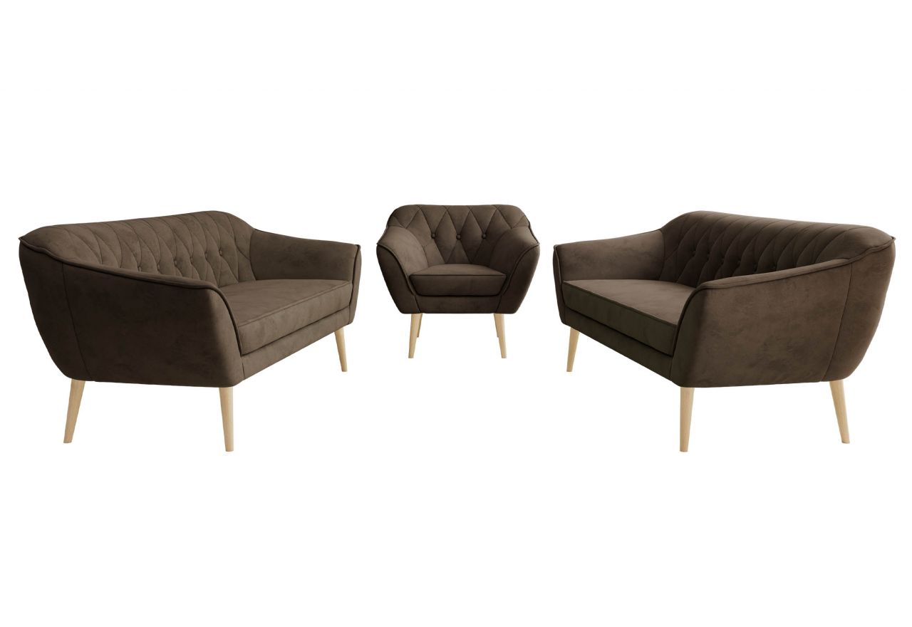 Zestaw PIRS 3+3+1 - brązowy, welwet - nóżki,  buk