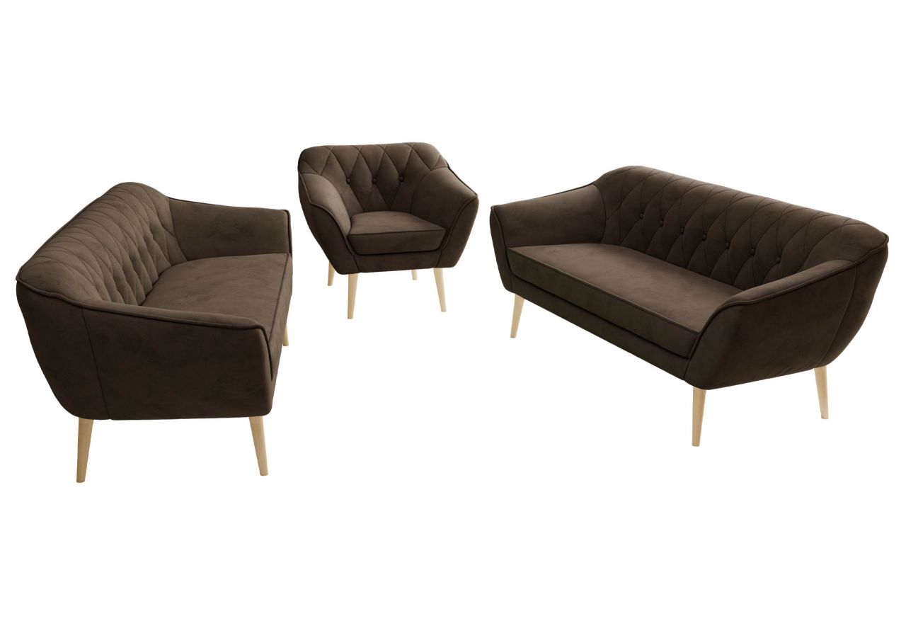 Zestaw PIRS 3+3+1 - brązowy, welwet - nóżki,  buk