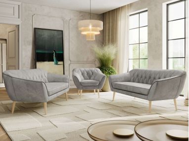 Zestaw PIRS 3+3+1 - jasnoszary, welwet - nóżki,  buk