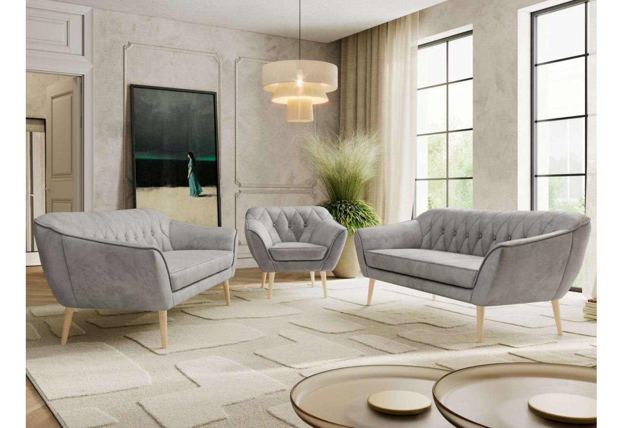 Zestaw PIRS 3+3+1 - jasnoszary, welwet - nóżki,  buk