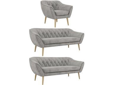 Zestaw PIRS 3+3+1 - jasnoszary, welwet - nóżki,  buk