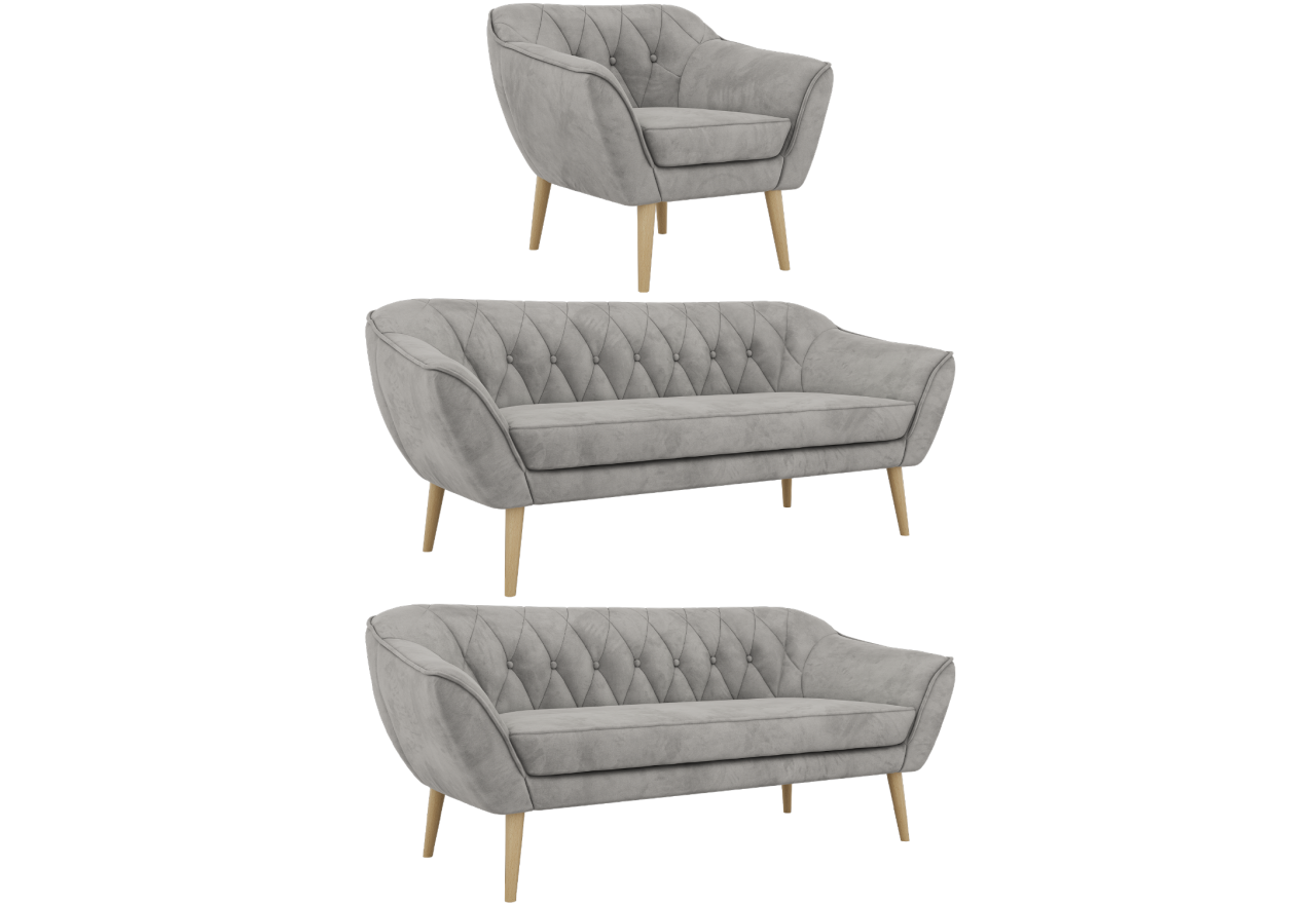 Zestaw PIRS 3+3+1 - jasnoszary, welwet - nóżki,  buk