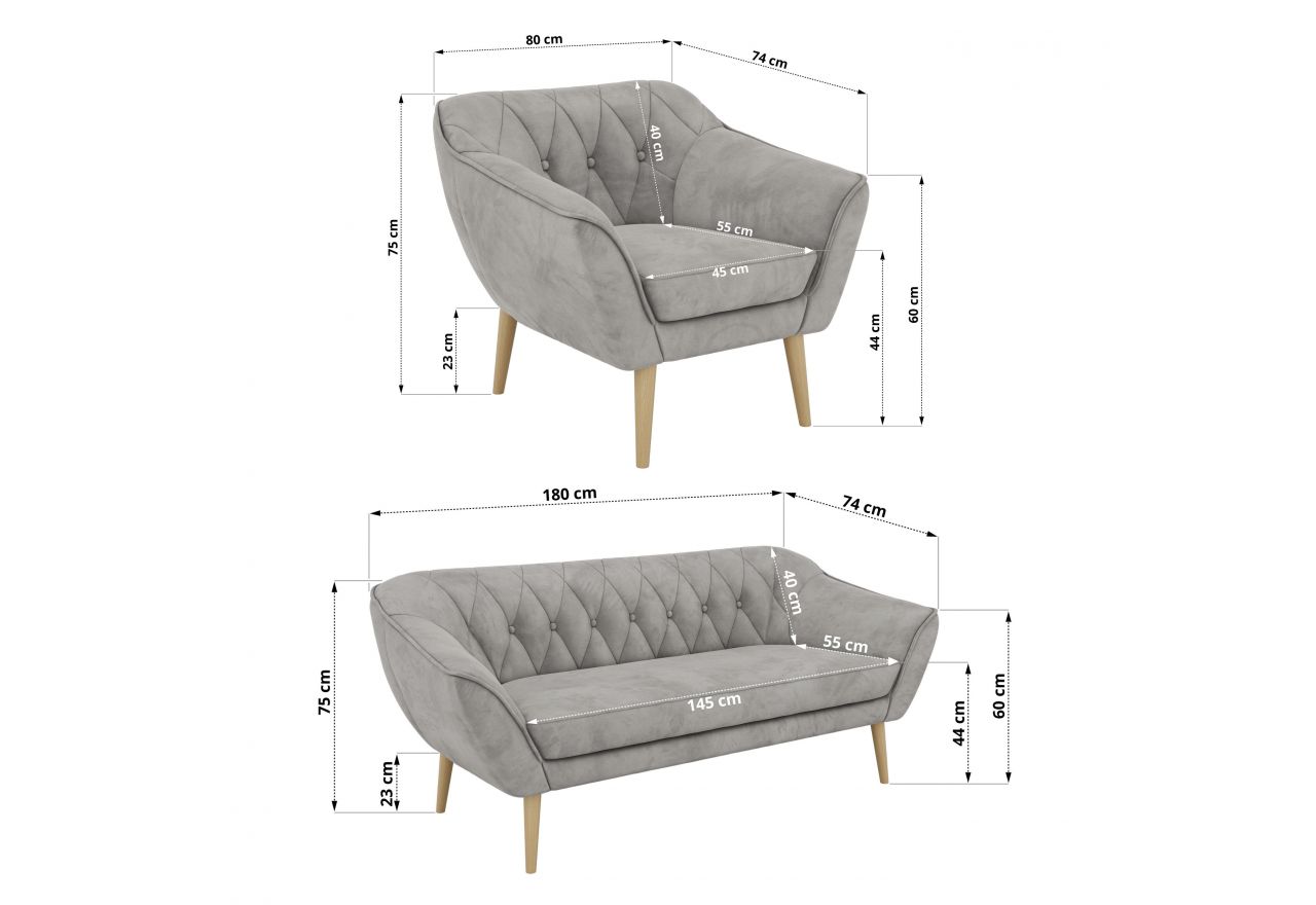 Zestaw PIRS 3+3+1 - jasnoszary, welwet - nóżki,  buk