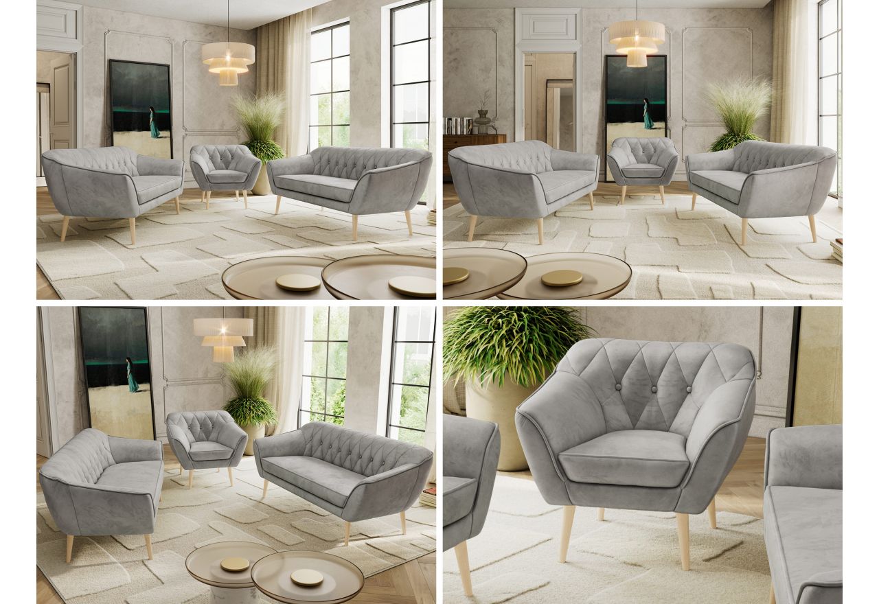 Zestaw PIRS 3+3+1 - jasnoszary, welwet - nóżki,  buk