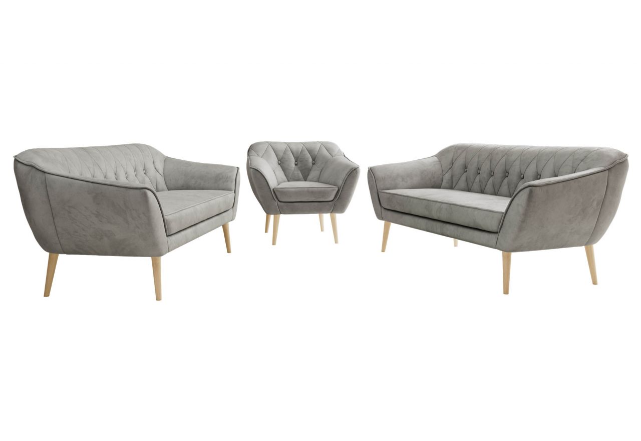 Zestaw PIRS 3+3+1 - jasnoszary, welwet - nóżki,  buk