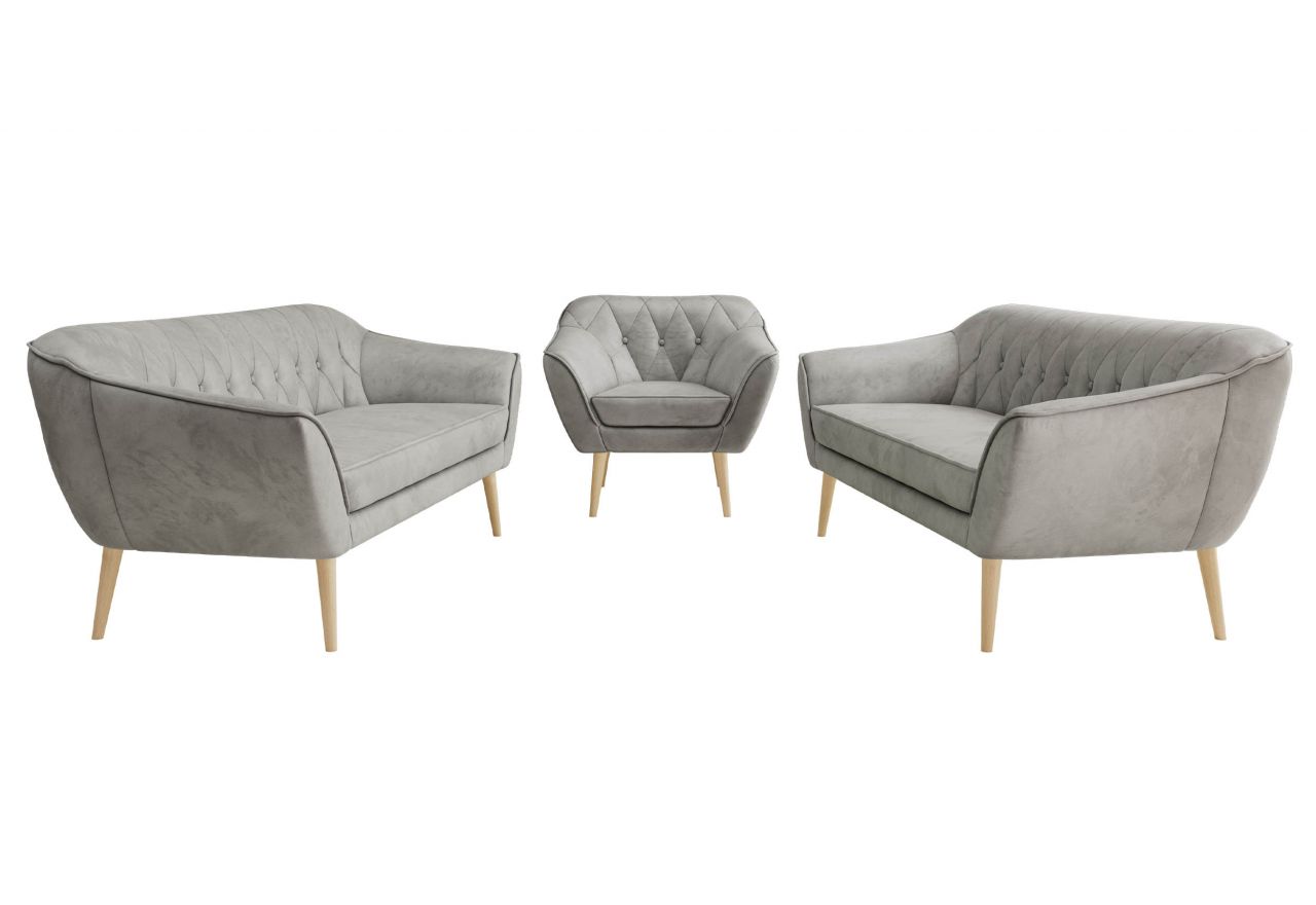 Zestaw PIRS 3+3+1 - jasnoszary, welwet - nóżki,  buk