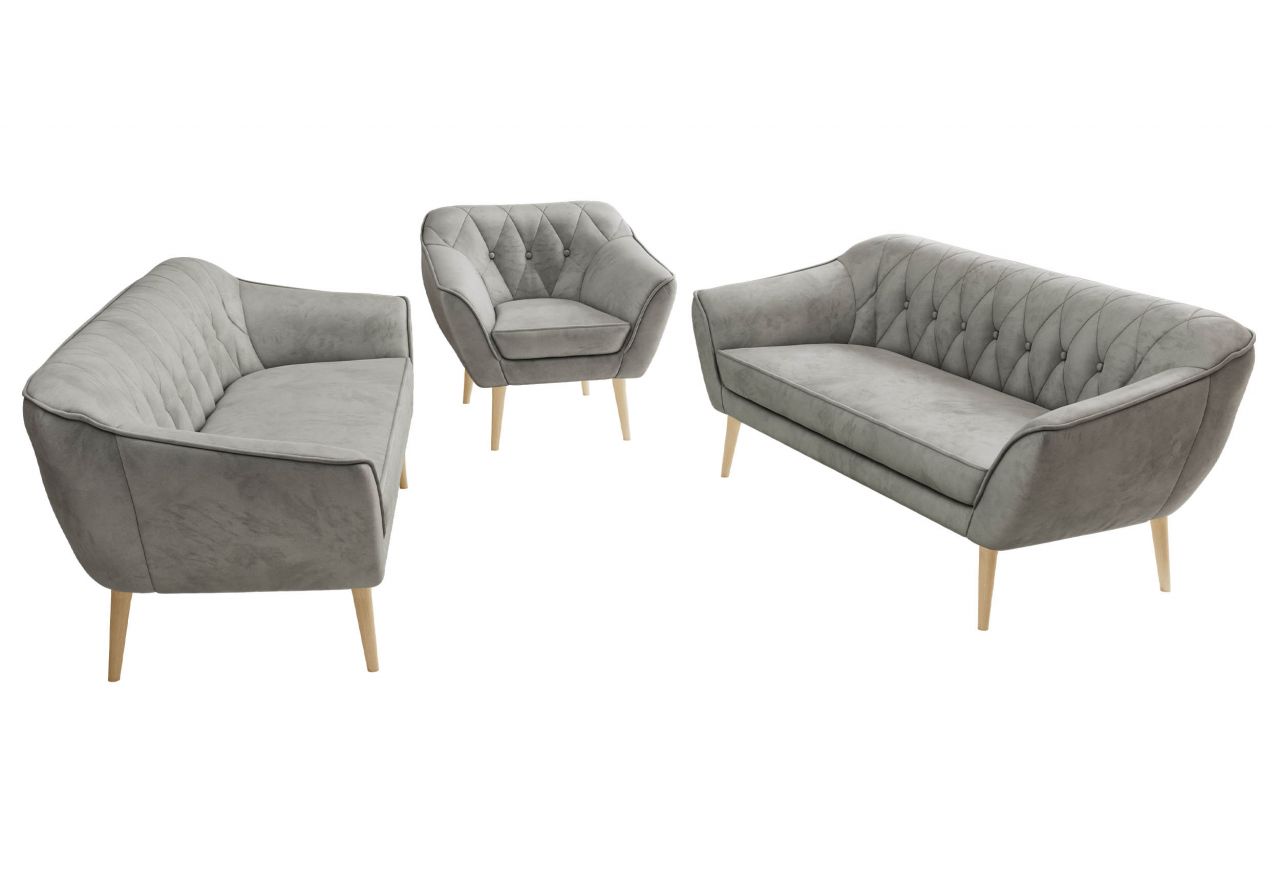 Zestaw PIRS 3+3+1 - jasnoszary, welwet - nóżki,  buk