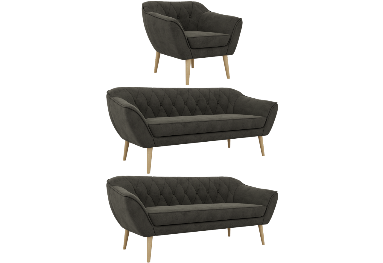 Zestaw PIRS 3+3+1 - ciemnoszary, welwet - nóżki,  buk