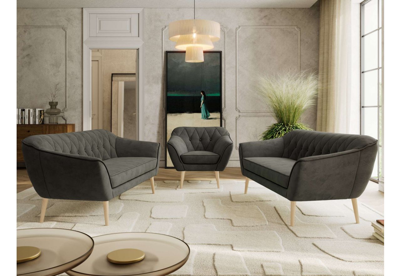 Zestaw PIRS 3+3+1 - ciemnoszary, welwet - nóżki,  buk