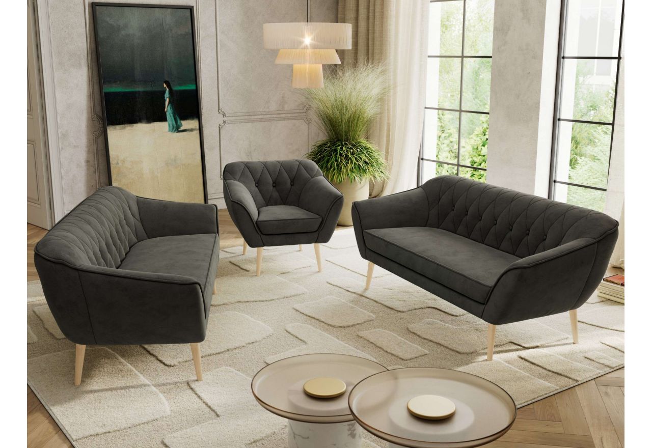 Zestaw PIRS 3+3+1 - ciemnoszary, welwet - nóżki,  buk