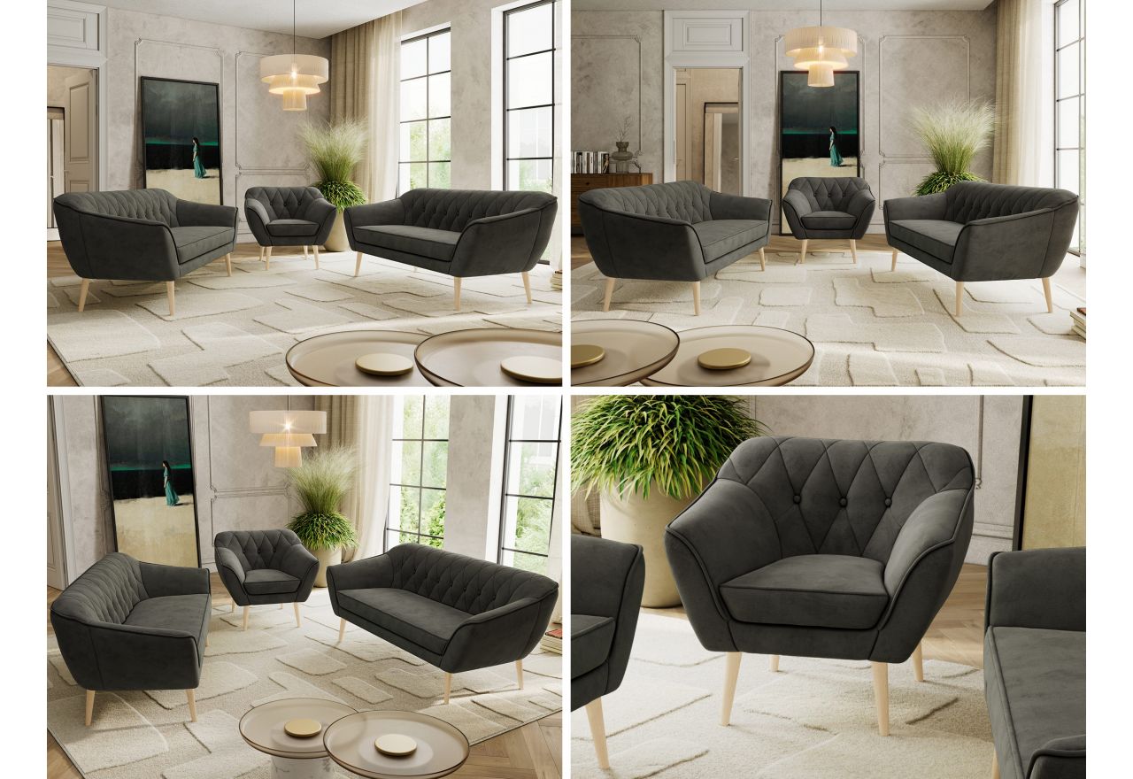 Zestaw PIRS 3+3+1 - ciemnoszary, welwet - nóżki,  buk