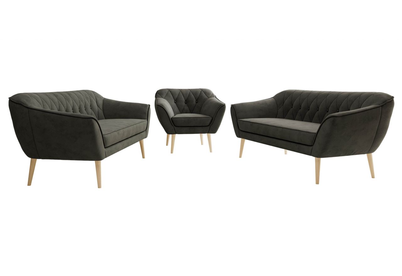 Zestaw PIRS 3+3+1 - ciemnoszary, welwet - nóżki,  buk