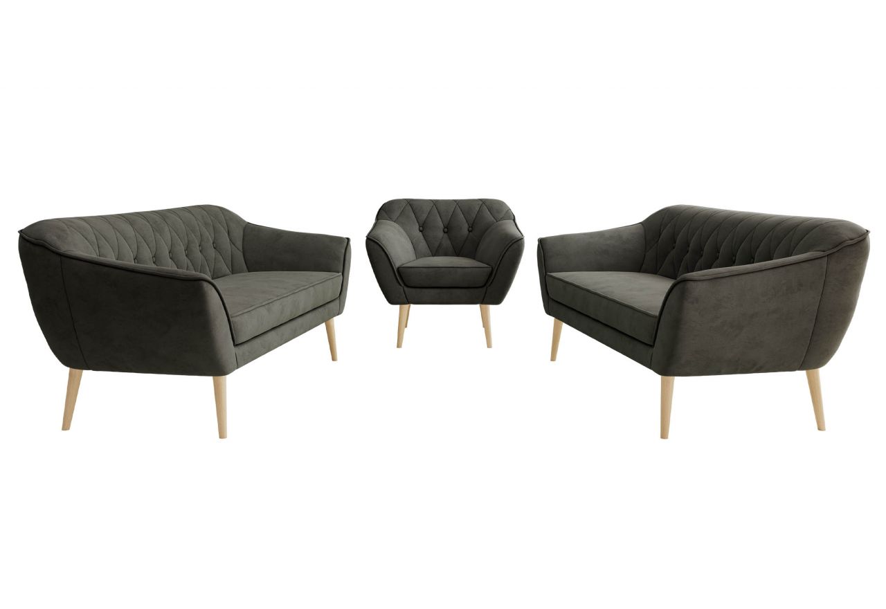 Zestaw PIRS 3+3+1 - ciemnoszary, welwet - nóżki,  buk