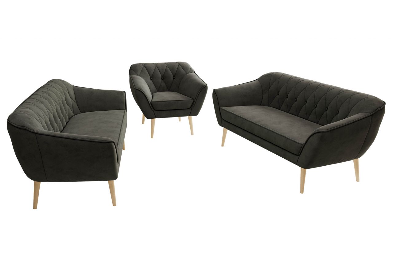 Zestaw PIRS 3+3+1 - ciemnoszary, welwet - nóżki,  buk