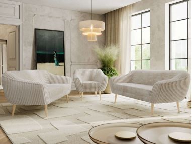 Zestaw PIRS 3+3+1 - beżowy, sztruks - nóżki,  buk