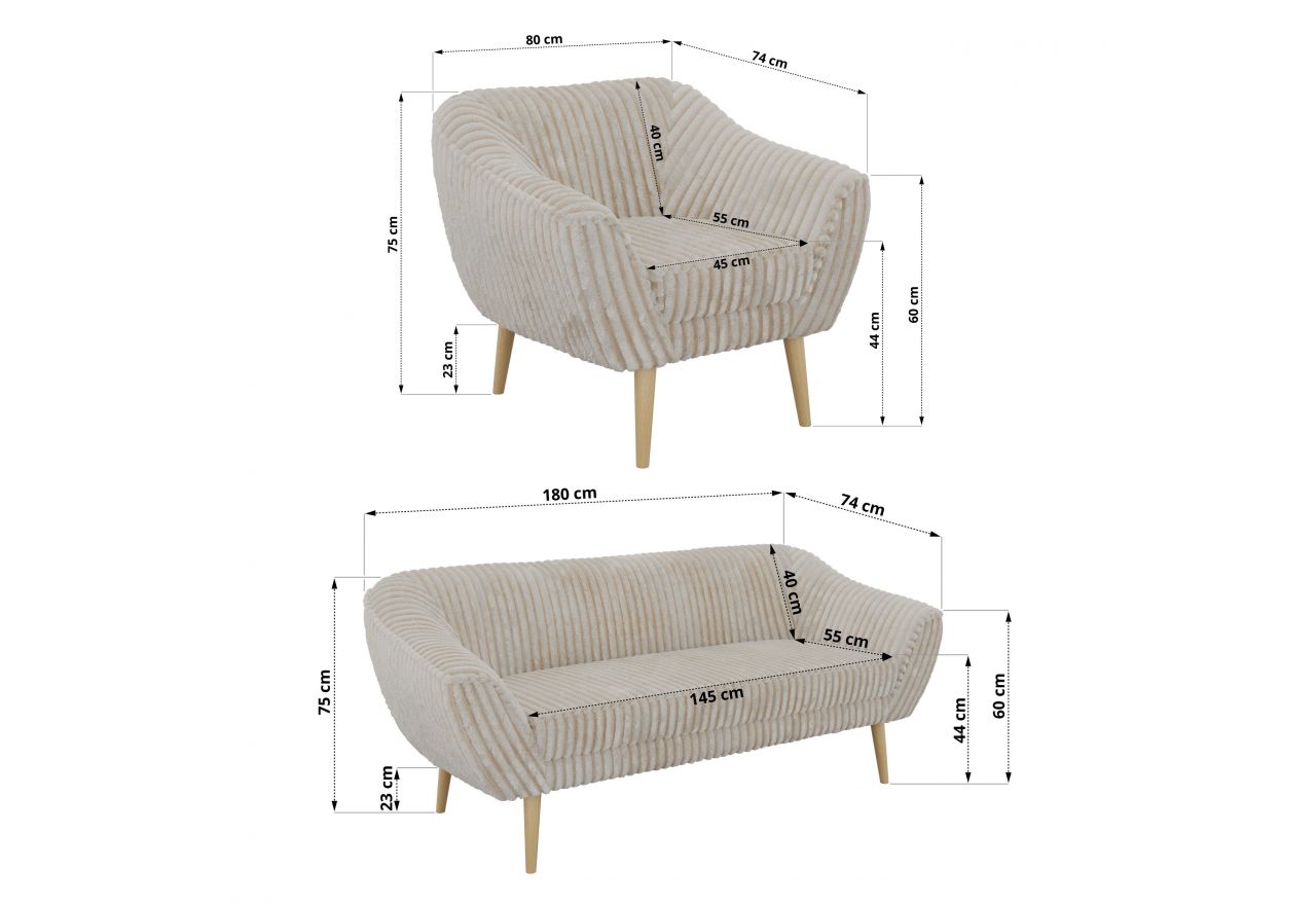 Zestaw PIRS 3+3+1 - beżowy, sztruks - nóżki,  buk