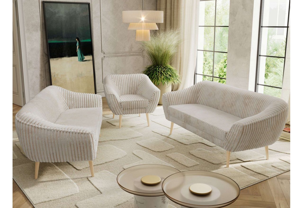 Zestaw PIRS 3+3+1 - beżowy, sztruks - nóżki,  buk