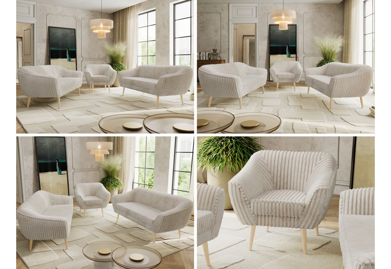 Zestaw PIRS 3+3+1 - beżowy, sztruks - nóżki,  buk