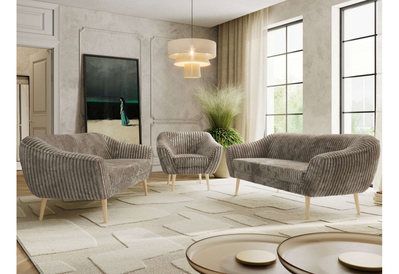 Zestaw PIRS 3+3+1 - jasnobrązowy, sztruks - nóżki,  buk