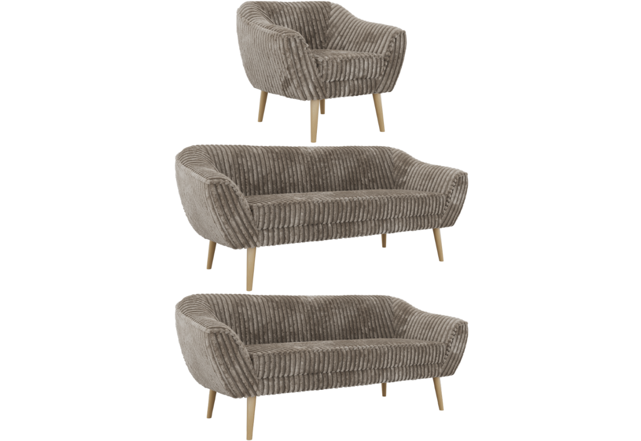 Zestaw PIRS 3+3+1 - jasnobrązowy, sztruks - nóżki,  buk