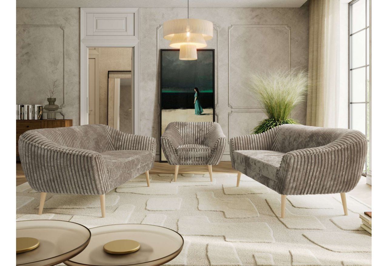 Zestaw PIRS 3+3+1 - jasnobrązowy, sztruks - nóżki,  buk