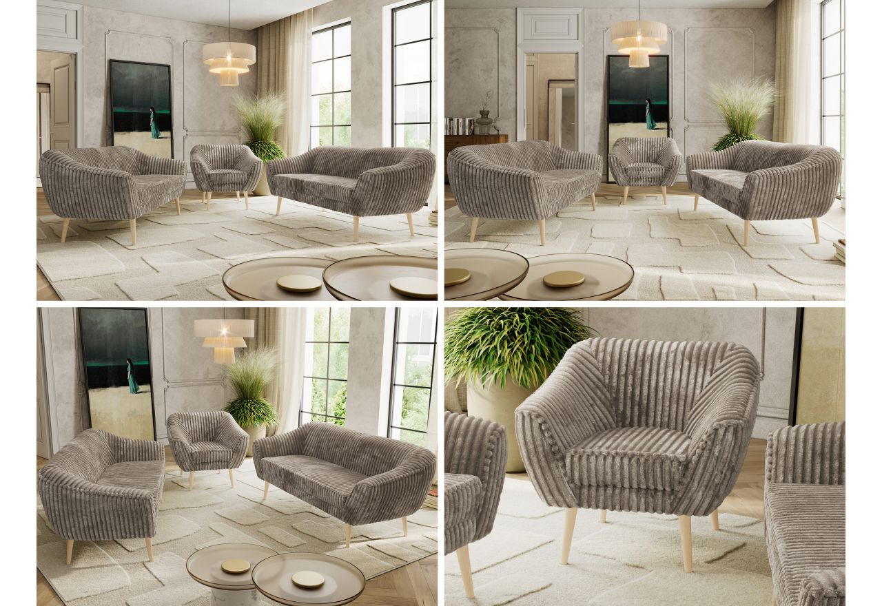 Zestaw PIRS 3+3+1 - jasnobrązowy, sztruks - nóżki,  buk