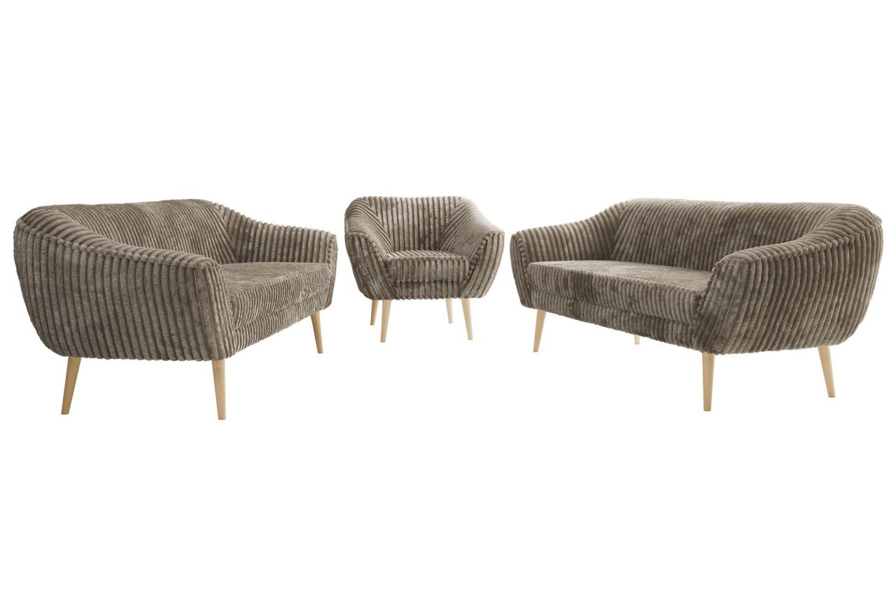 Zestaw PIRS 3+3+1 - jasnobrązowy, sztruks - nóżki,  buk